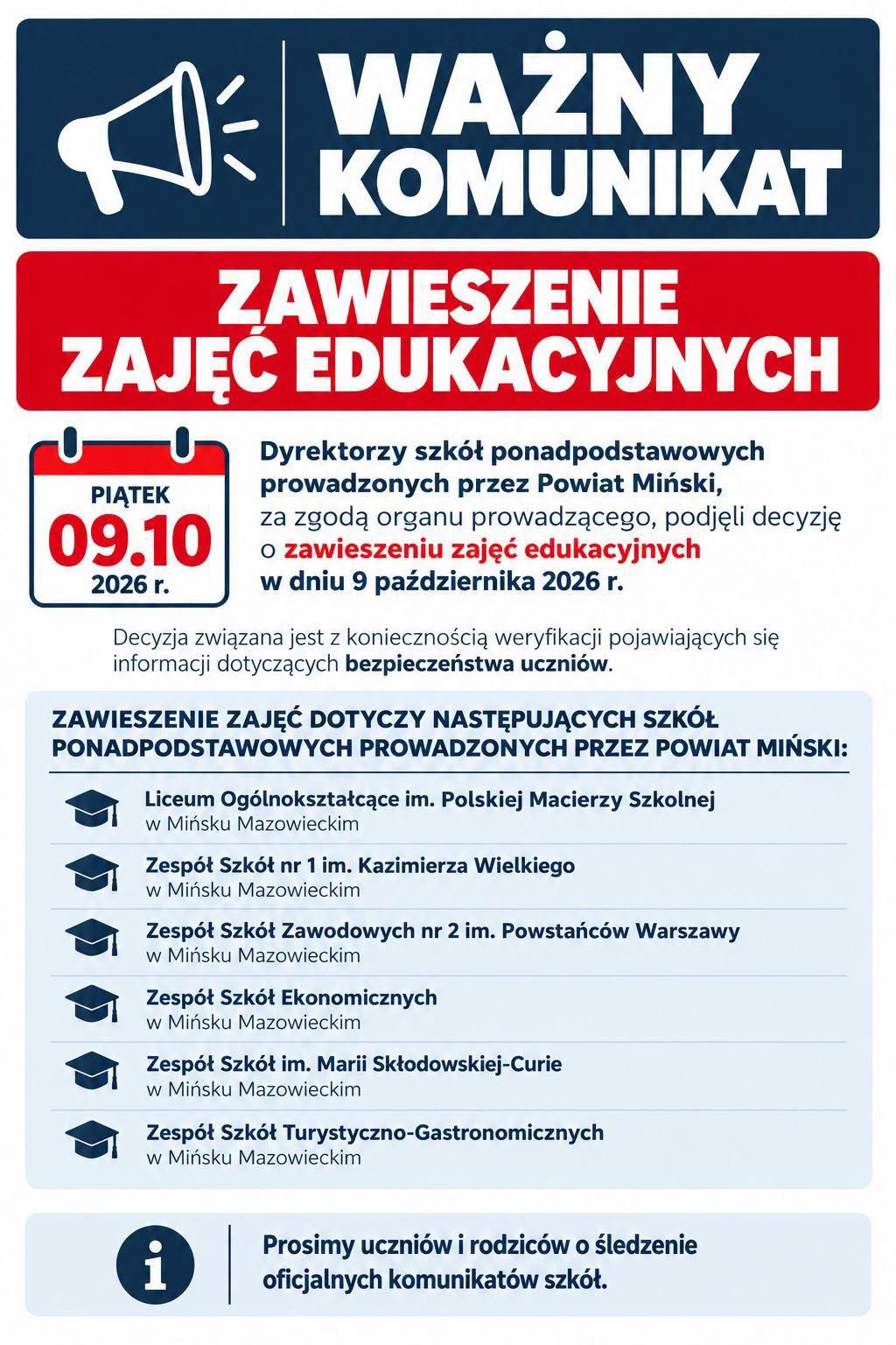 Przekazany komunikat o zawieszeniu zajęć 9 października 2026 w sześciu szkołach Powiatu Mińskiego. Pełna treść i lista szkół zostały zapisane powyżej.